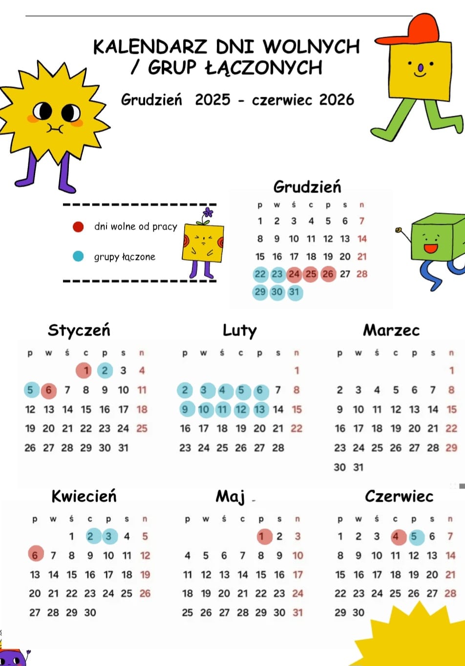 Kalendarz dni wolnych i grup łączonych 2025/2026