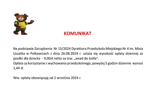 Komunikat - wysokość opłaty dziennej za posiłki 